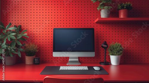 A computer monitor sits on a desk in front of a red wall. The desk is surrounded by potted plants, including a few on the wall. The room has a modern and minimalist design, with a focus on technology