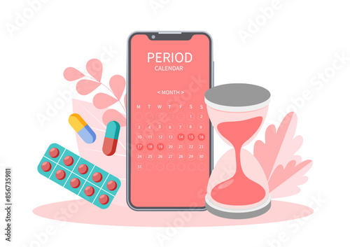 Menstrual calendar cycle tracker mobile app on smartphone screen, Period ovulation days tracker, Pregnancy planning, Check menses, Technology for women's health, Vector illustration.