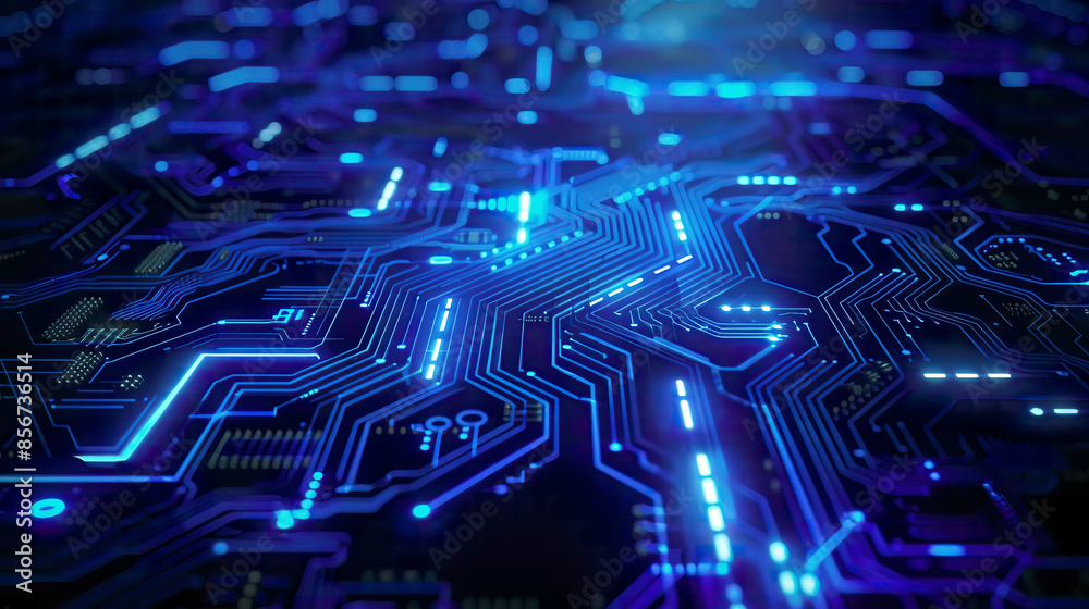 Obraz premium Futuristic blue glowing circuit board background with central copy space for text logo or products ideal for AI Technology and Crypto Currency concepts