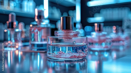 Perfume Bottle with Air Bubbles on a Reflective Surface
