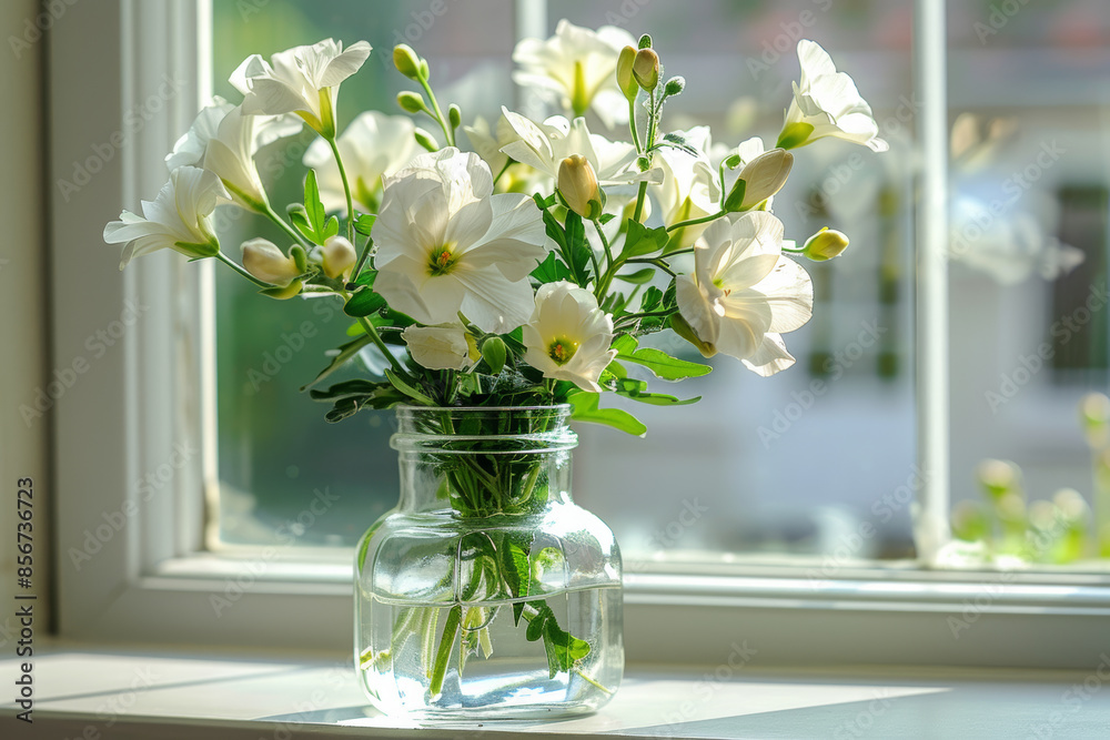 A vase of white freesias in front of an open window, with the background showing street view outside with blurred effect. The sunlight filters through the glass and illuminates the flowers.