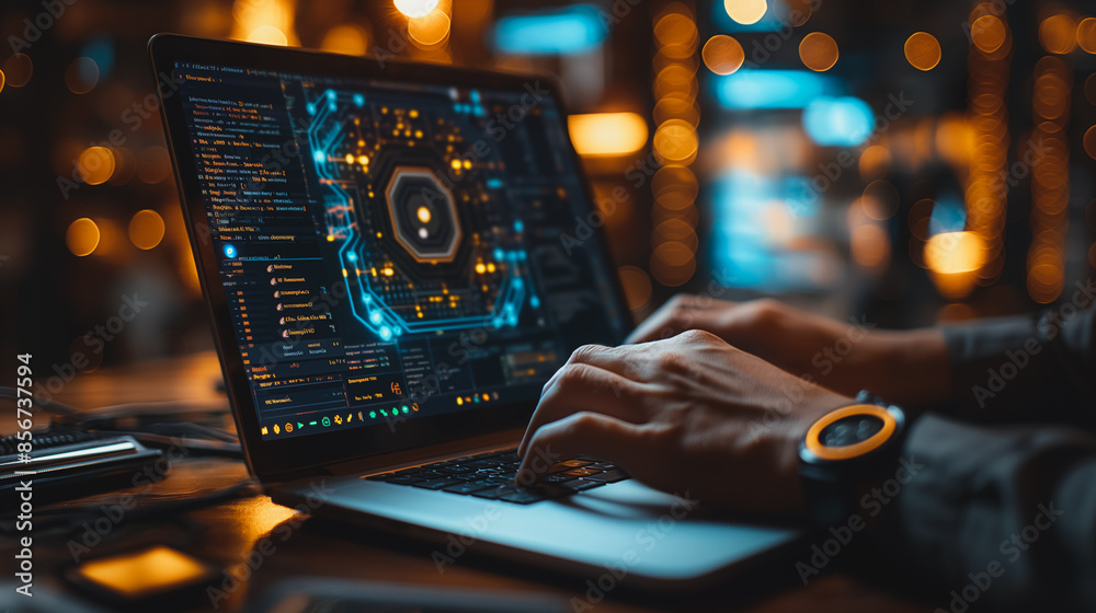 Businessman at a modern office table, working on his laptop with symbolizing advanced future technology on the screen. Businessman at a modern office table, working on his laptop with symbolizing advanced future technology on the screen.