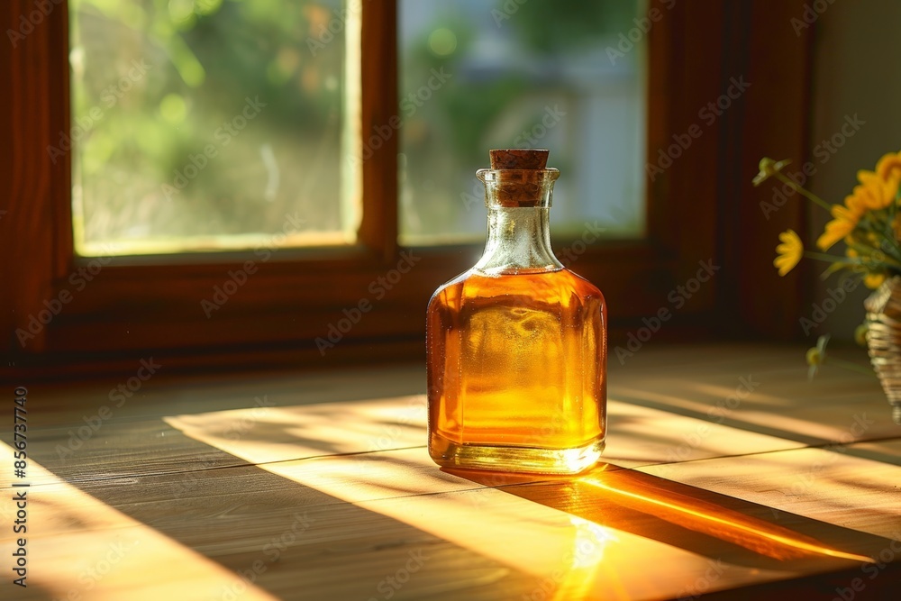 Golden sunlight illuminating massage oil bottle, showcasing warm glow and radiance. Golden sunlight illuminating massage oil bottle, showcasing warm glow and radiance.