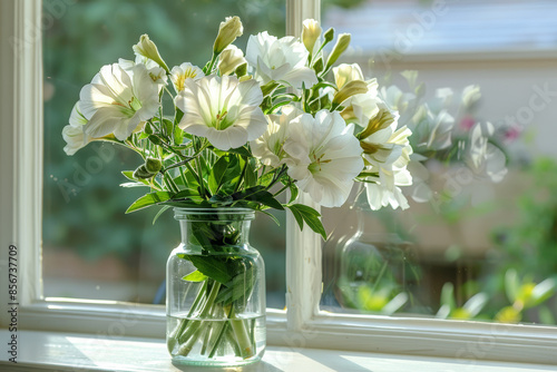 A vase of white freesias in front of an open window, with the background showing street view outside with blurred effect. The sunlight filters through the glass and illuminates the flowers. photo