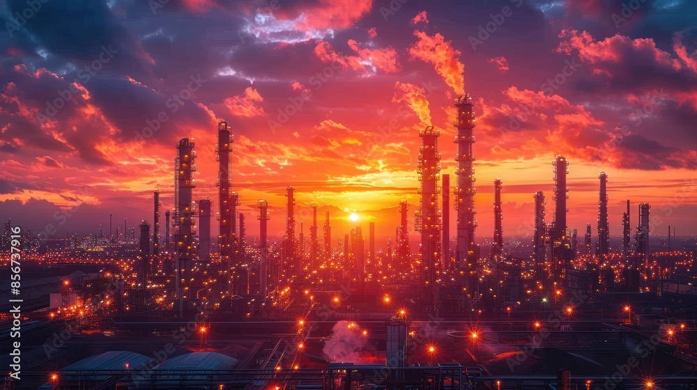 Fototapeta premium Industrial Sunset: A Silhouette of Industry Against a Fiery Sky