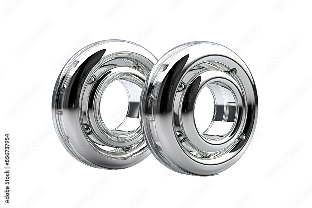 Two Shiny Metal Bearings Reflecting Light in a Studio Setting on a Clear PNG or White Background. Two Shiny Metal Bearings Reflecting Light in a Studio Setting on a Clear PNG or White Background.