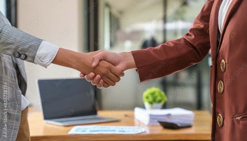 A young professional shaking hands with a new employer in an office setting. A young professional shaking hands with a new employer in an office setting.