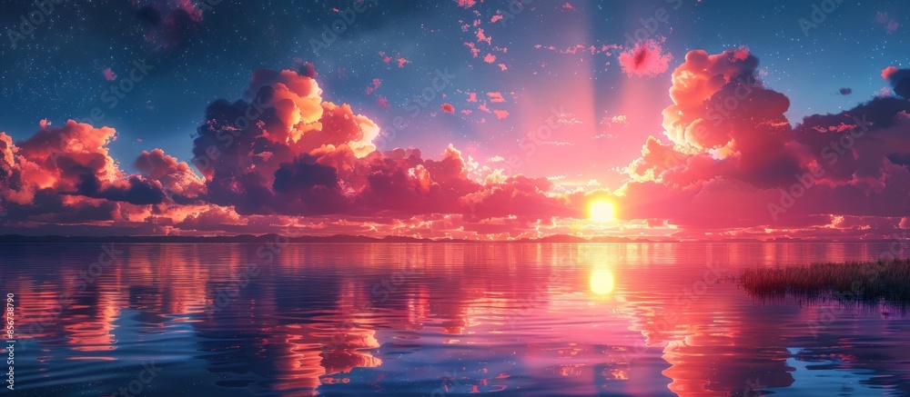 Pink Sunset Over Water with Stars in the Sky Pink Sunset Over Water with Stars in the Sky