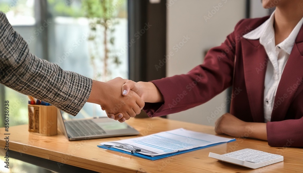 A young professional shaking hands with a new employer in an office setting. A young professional shaking hands with a new employer in an office setting.