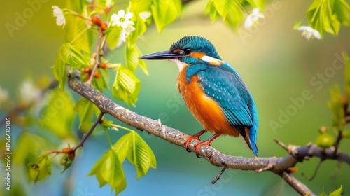 A blue-green bird with an orange belly, the Eurasian Kingfisher, perches on a tree branch in the warm summer. © Nijat