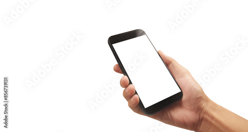 Hand holding smartphone device and touching screen