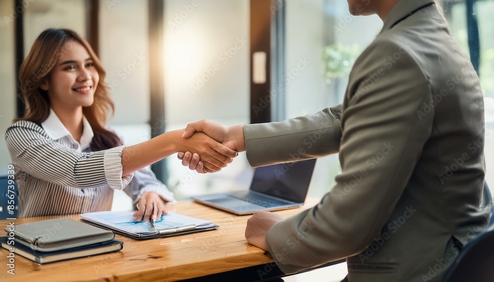 A young professional shaking hands with a new employer in an office setting. A young professional shaking hands with a new employer in an office setting.