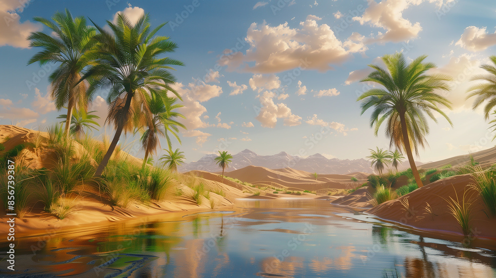 A beautiful landscape with a river and palm trees. The sky is blue with some clouds A beautiful landscape with a river and palm trees. The sky is blue with some clouds