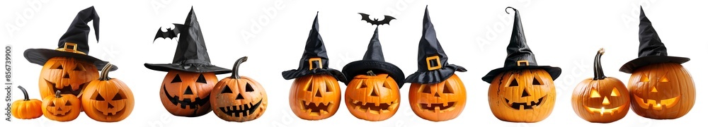 Set of Jack O Lantern Halloween pumpkin with witch hat in pile single ...