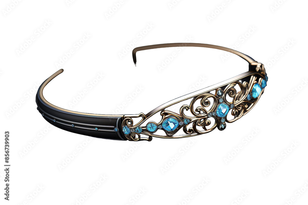 A Royal Tiara With Delicate Gold Filigree and Sparkling Blue Gems on a Clear PNG or White Background. A Royal Tiara With Delicate Gold Filigree and Sparkling Blue Gems on a Clear PNG or White Background.