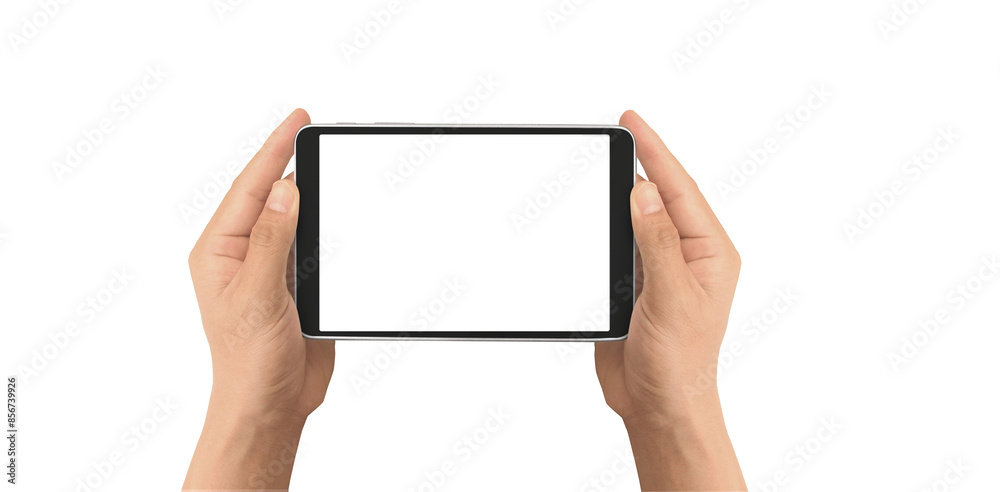 Hand holding smartphone device and touching screen Hand holding smartphone device and touching screen