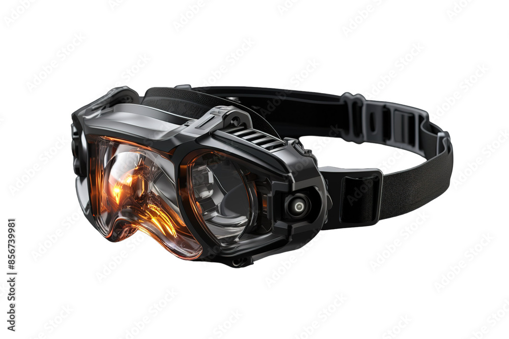 A Powerful Black Headlamp With Orange Light Glowing Brightly on a Clear PNG or White Background. A Powerful Black Headlamp With Orange Light Glowing Brightly on a Clear PNG or White Background.