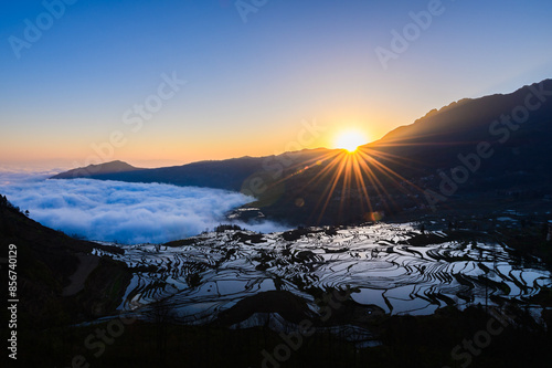 Photography Yuanyang rice terrace at sunrise, Yunnan province, China