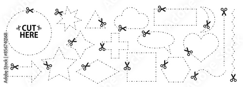 Set of scissors with cut lines. Vector collection of speech bubble, rectangle, star geometric shapes with dashed strokes and scissors cutting the paper by the different lines. Paper cut icons