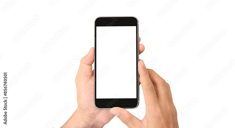 Hand holding smartphone device and touching screen Hand holding smartphone device and touching screen