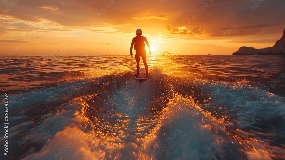Fototapeta premium Silhouette of a Surfer Riding a Wave at Sunset