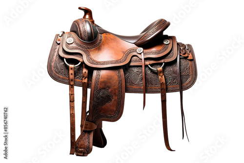 A Handcrafted Western Saddle Ready For The Open Range on a Clear PNG or White Background.