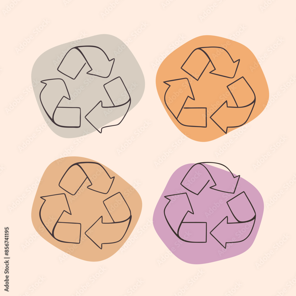 Four colored recycling symbols on pink background
