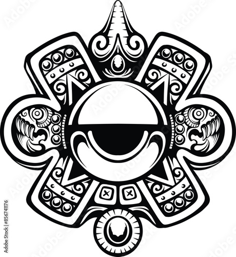 tattoo design Nahui Ollin, fifth sun symbol in Aztec cosmology, with an eye in the center, a solar ray and a precious stone emanating from the eye