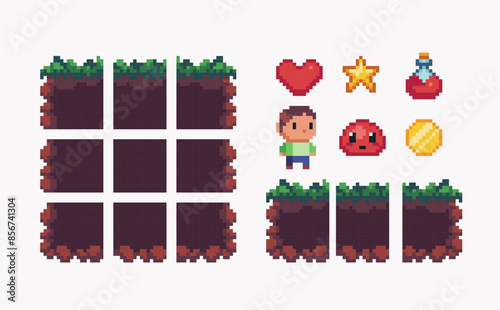 Grass land platform pixel art set. Dirt floor and characters collection. Square tiles 8 bit. Potion, slime enemy and coin reward. Game development, mobile app. Isolated vector illustration.