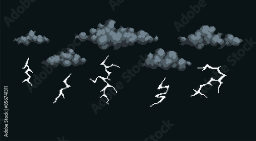 Thunder, gray clouds pixel art set. Rainy, dark thundercloud collection. Electric bolt, charge 8 bit. Game development, mobile app. Isolated vector illustration. 