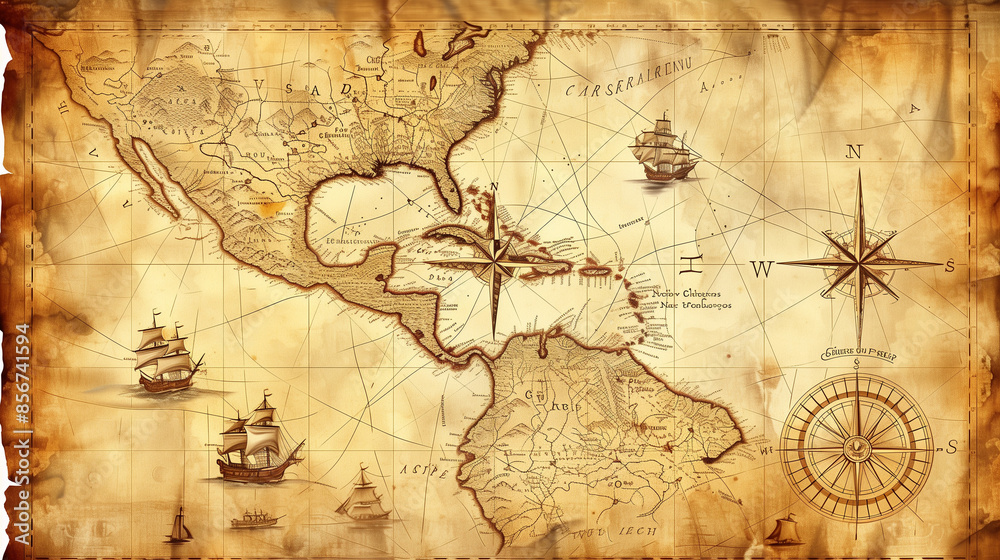 Obraz premium Map of the Caribbean on ancient parchment, decorated with ships, islands, land, compass rose and cardinal points, exuding the spirit of ancient voyages and discoveries.