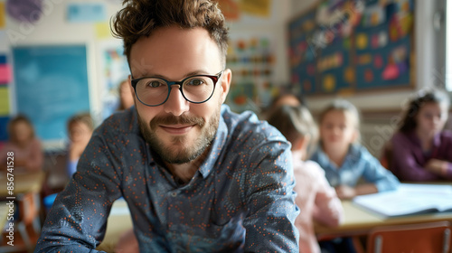 Teacher in front of a school class. Elementary school students in the classroom with a smiling confident teacher