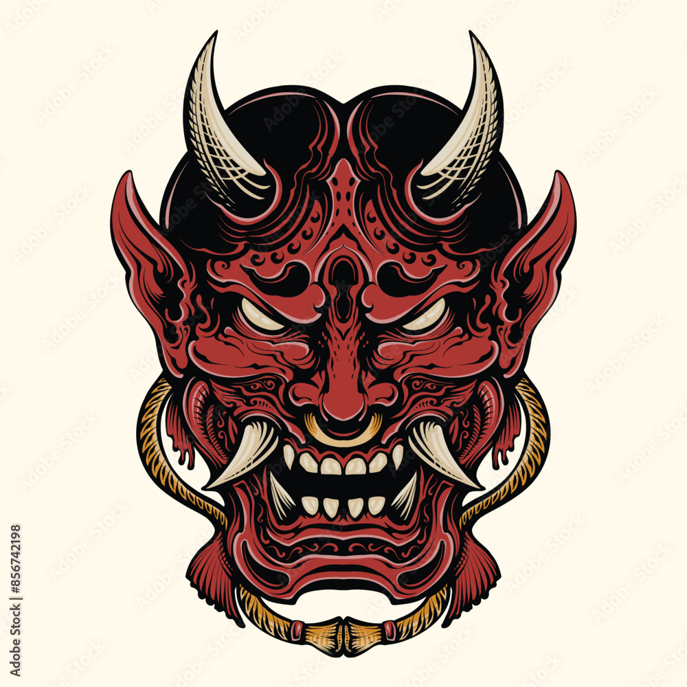 Hannya Mask Japanese Oni Devil Oriental Horror Art Grunge Vintage Old School illustration,onni mask red color Hannya Mask Japanese Oni Devil Oriental Horror Art Grunge Vintage Old School illustration,onni mask red color