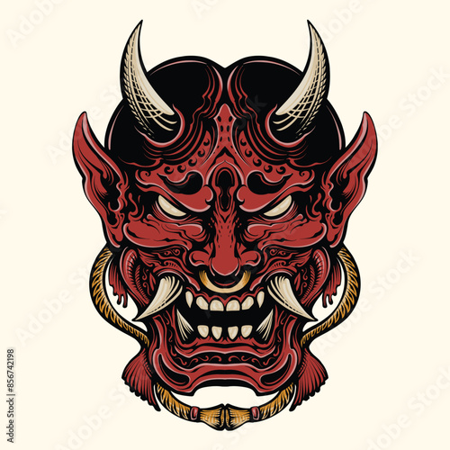 Hannya Mask Japanese Oni Devil Oriental Horror Art Grunge Vintage Old School illustration,onni mask red color