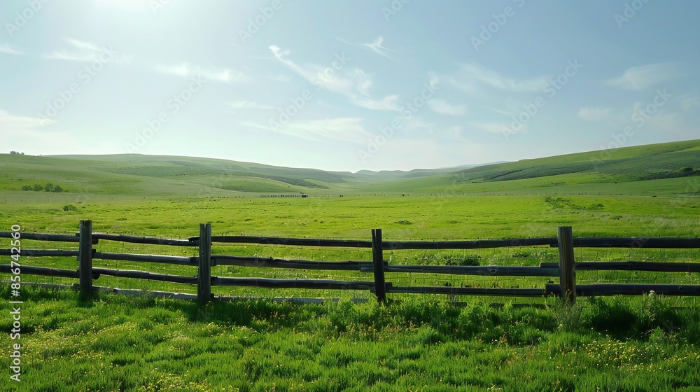 An expansive green pasture with a rustic wooden fence running through it, emphasizing the open, pastoral landscape. An expansive green pasture with a rustic wooden fence running through it, emphasizing the open, pastoral landscape.