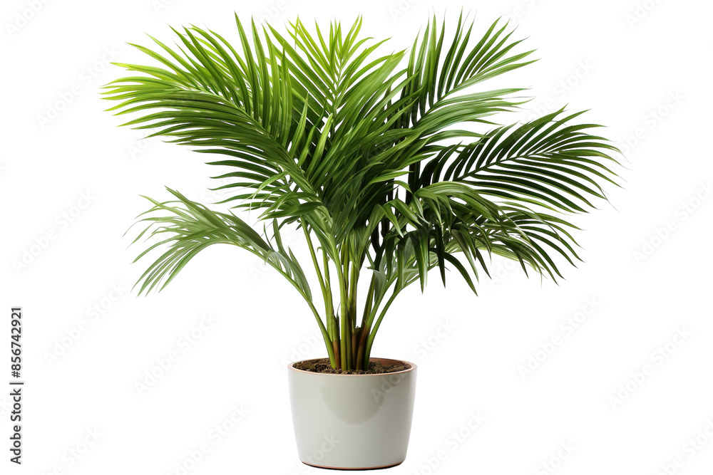 A Lush Green Palm Tree In A White Pot Against A White Background on a Clear PNG or White Background. A Lush Green Palm Tree In A White Pot Against A White Background on a Clear PNG or White Background.