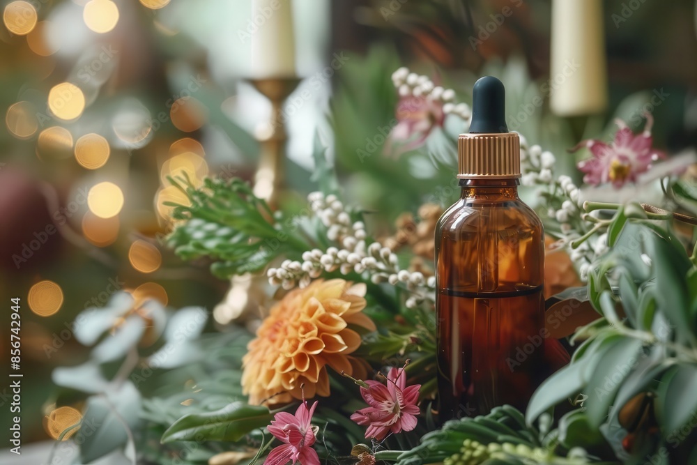 natural radiance amber dropper bottle with greenery and flowers skincare display natural radiance amber dropper bottle with greenery and flowers skincare display