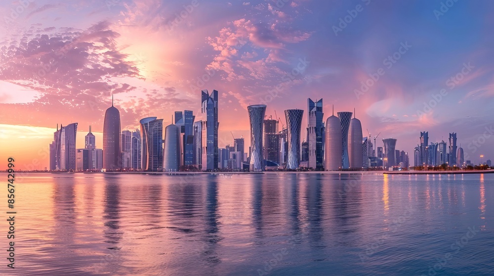 Fototapeta premium Sunset skyline of Doha, Qatar, showcasing its modern architecture and urban landscape.