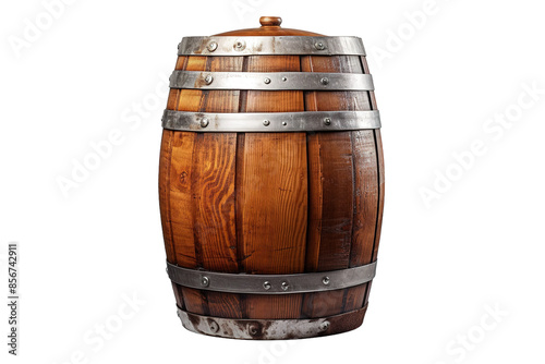 A Rustic Wooden Barrel With Metal Bands Against a White Background on a Clear PNG or White Background. © Masood