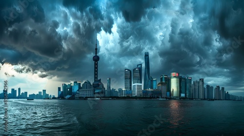 Shanghai skyline under dark stormy clouds.