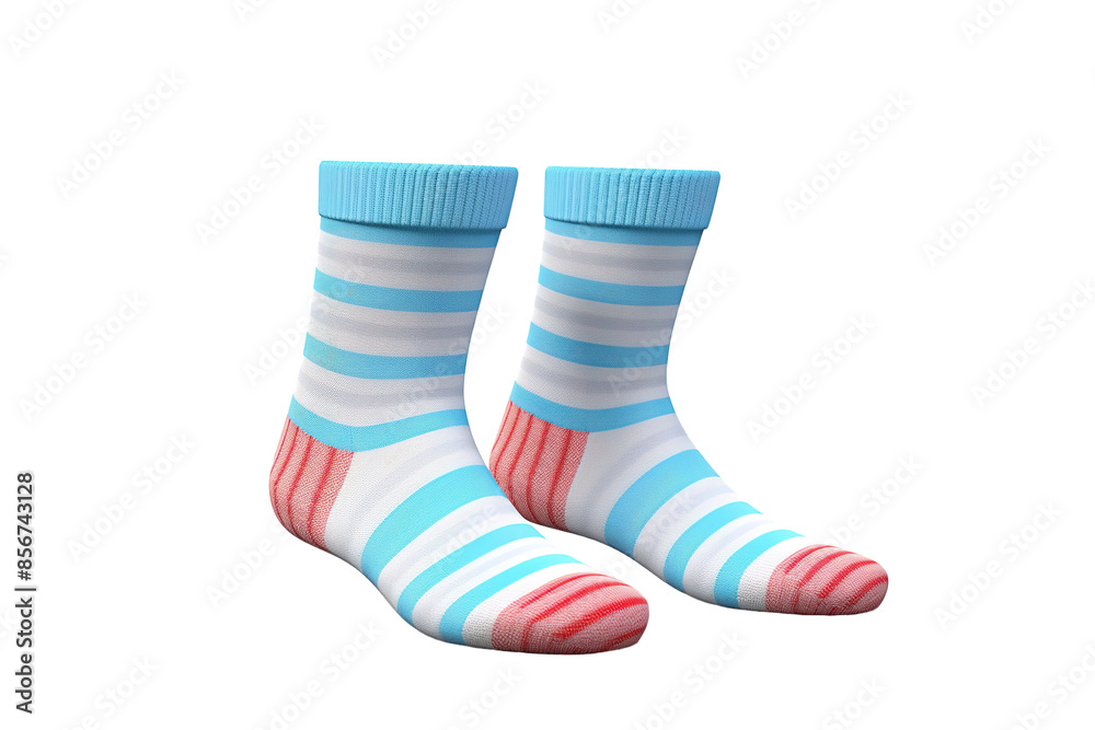 A Pair of Blue and White Striped Socks With Red Toe Detail on a Clear PNG or White Background. A Pair of Blue and White Striped Socks With Red Toe Detail on a Clear PNG or White Background.
