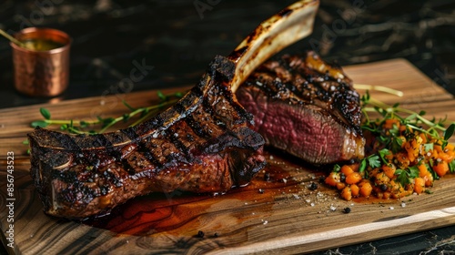 Savor the smoky goodness of our grilled Tomahawk steak, a colossal cut perfect for sharing or indulging in a majestic culinary experience photo