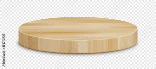 Vector 3d wooden circle podium. Round empty wood pedestal with shadow on transparent background. Natural product display presentation scene template design element.