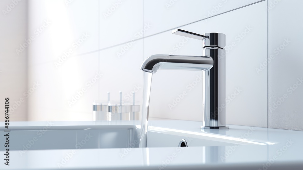 Shiny, Clean Chrome Sink with Faucet: Modern Hygiene in White Bathroom. Shiny, Clean Chrome Sink with Faucet: Modern Hygiene in White Bathroom.