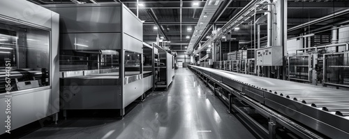 Modern industrial production line in black and white showcasing advanced machinery