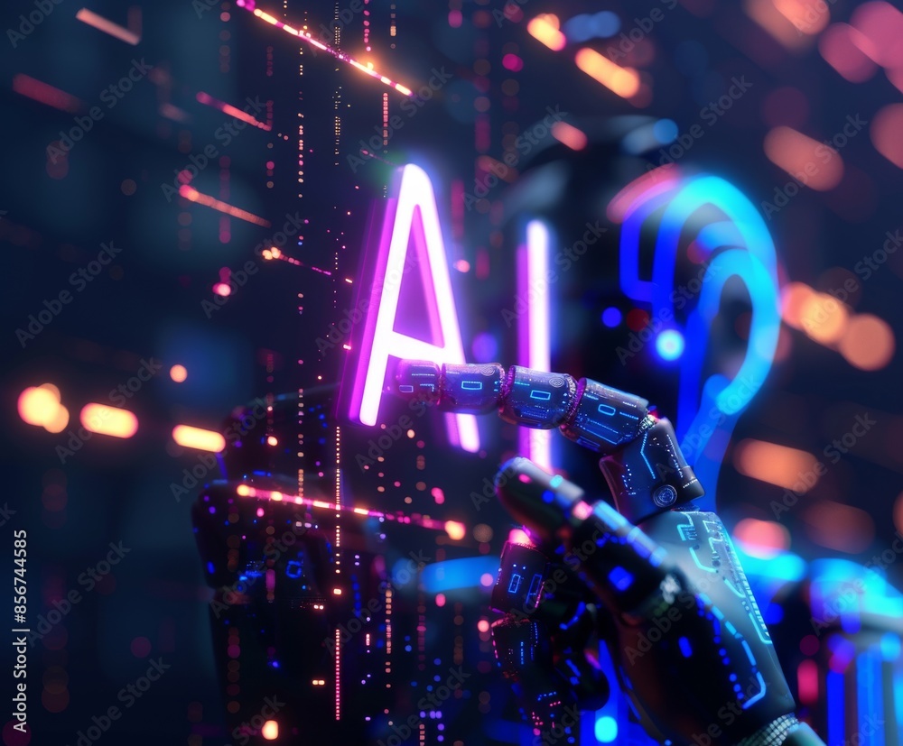 Digital illustration of a robotic hand interacting with AI in a neon futuristic environment Digital illustration of a robotic hand interacting with AI in a neon futuristic environment