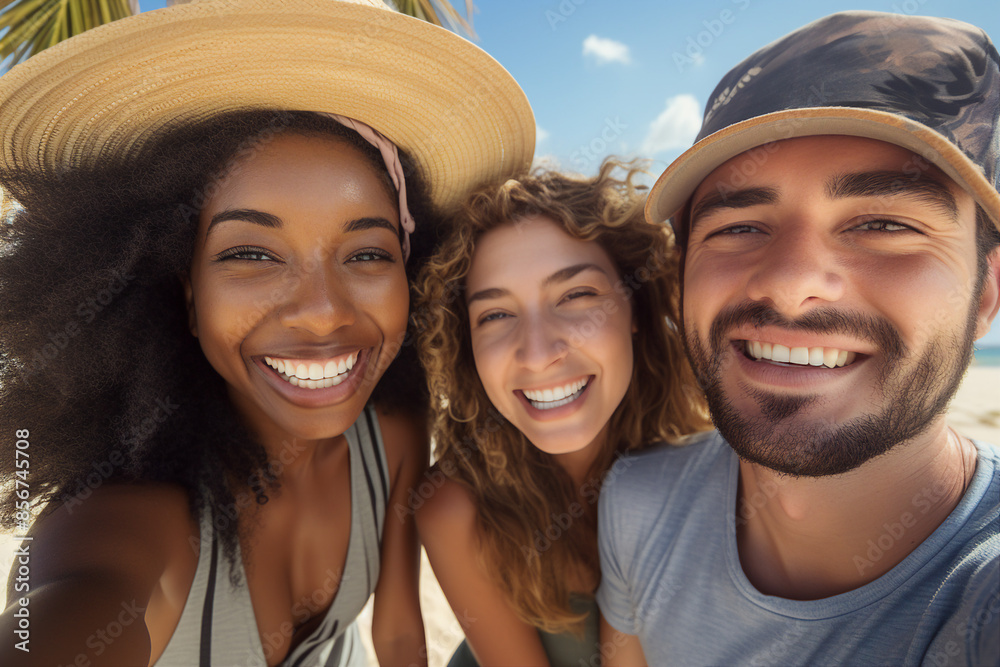 Generative AI picture of young tourists friends spending vacation together in beautiful carefree time