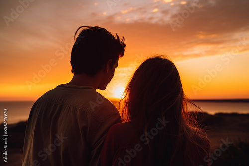 Couple hugging and looking at sunset in field concept passion and love generative Ai