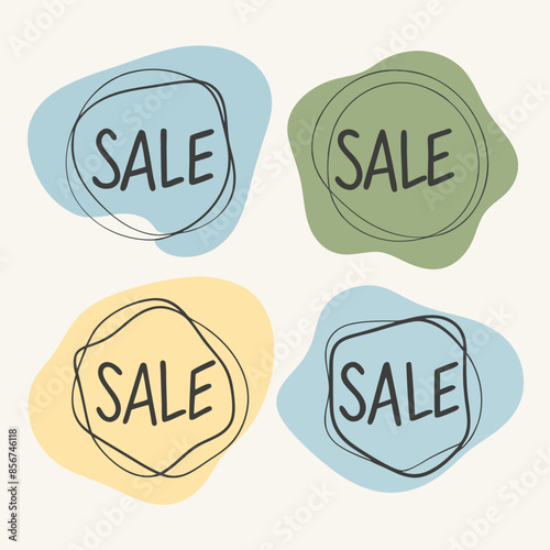 Sale labels on white background with keywords for products and branding