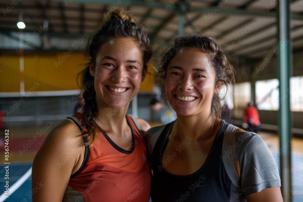 In the volleyball game, smiling caucasian female teammates work harmoniously to handle and safeguard the ball, demonstrating teamwork and enjoyment on the court. In the volleyball game, smiling caucasian female teammates work harmoniously to handle and safeguard the ball, demonstrating teamwork and enjoyment on the court.